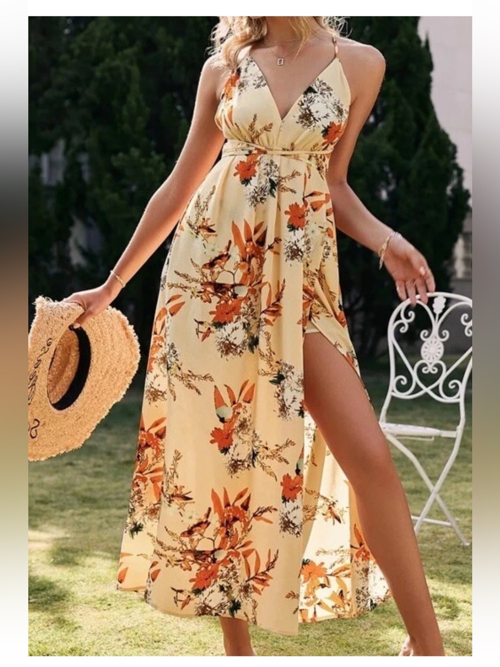 Simple Yellow Floral Maxi Dress High Slit Spaghetti Strap Size M